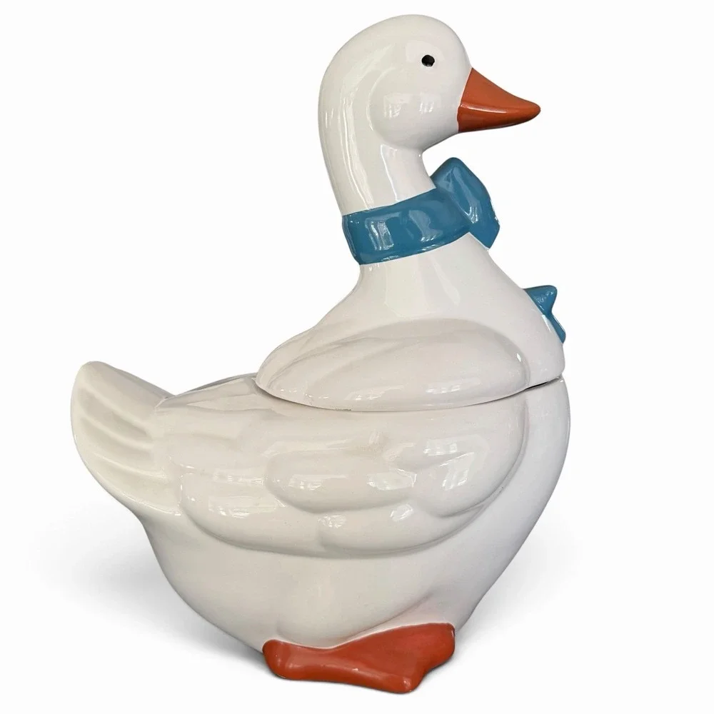 VTG 1980s Country Goose Blue Bow Ceramic Cookie Jar Cottage Core Grandma Duck